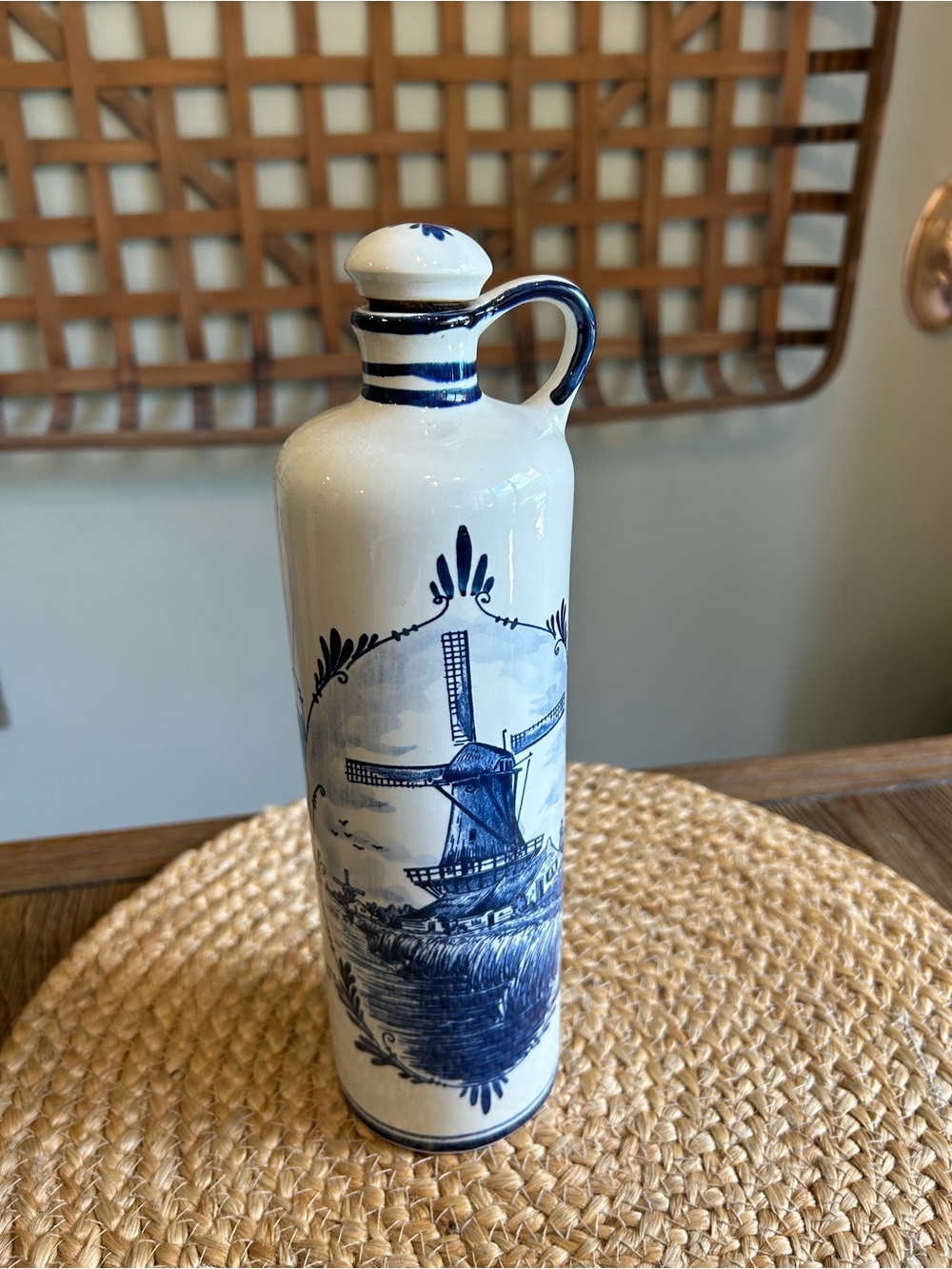 Vintage Blue & White Delft Decanter Wine Bottle with Cork Windmill Motif